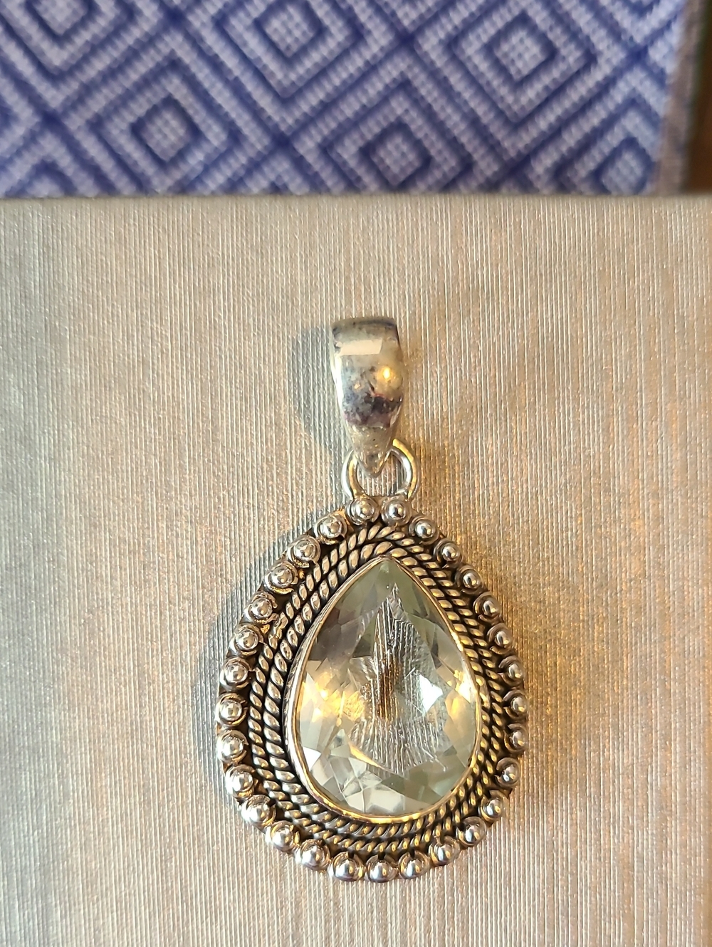 Sterling Pear-Shaped, Faceted Green Amethyst Stone Pendant